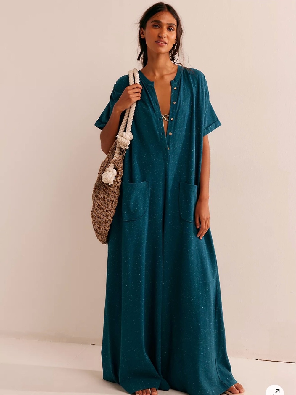 Free People My Go-To Jumpsuit XS Blue Drop Crotch Slouchy Boho